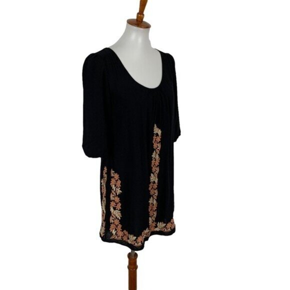 Theme Black Embroidered Boho Tunic Dress Small Floral Peasant Festival Retro - Picture 3 of 6